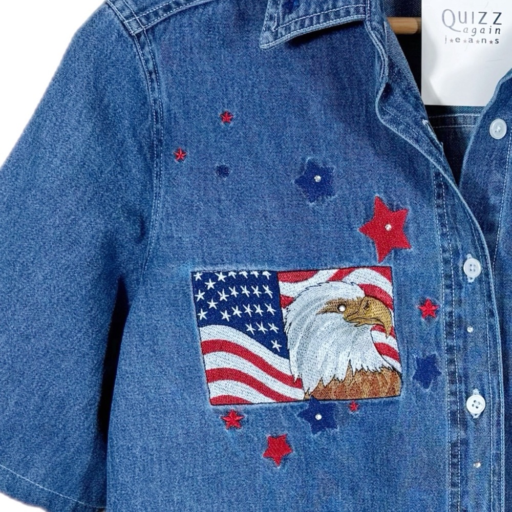 Vintage Women’s Quizz Again Patriotic Denim Shirt L Red White Blue Americana - Picture 5 of 9
